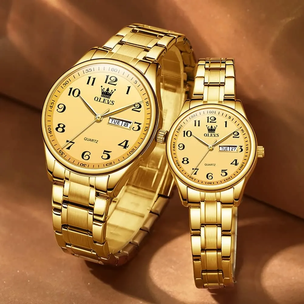 Date Window 3ATM Waterproof, Casual Stainless Steel His secure depress reign and Hers Wristwatch for Men Women Lovers Wedding Romantic Gifts Set of 2 OLEVS Valentines Couple Pair Quartz Watches Luminous Calendar 