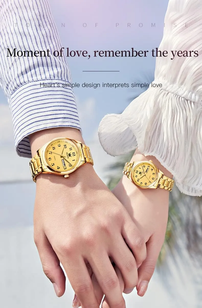 Date Window 3ATM Waterproof, Casual Stainless Steel His secure depress reign and Hers Wristwatch for Men Women Lovers Wedding Romantic Gifts Set of 2 OLEVS Valentines Couple Pair Quartz Watches Luminous Calendar 