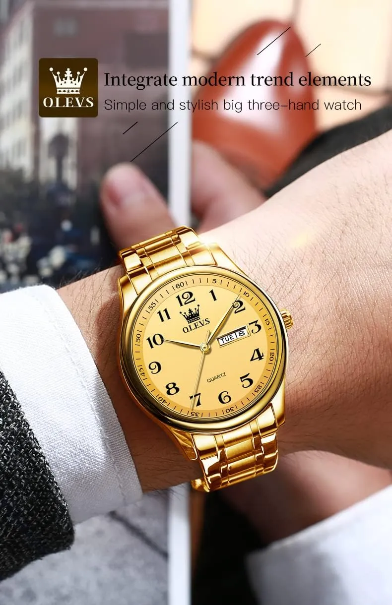 Date Window 3ATM Waterproof, Casual Stainless Steel His secure depress reign and Hers Wristwatch for Men Women Lovers Wedding Romantic Gifts Set of 2 OLEVS Valentines Couple Pair Quartz Watches Luminous Calendar 
