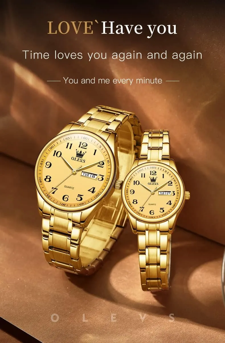 Date Window 3ATM Waterproof, Casual Stainless Steel His secure depress reign and Hers Wristwatch for Men Women Lovers Wedding Romantic Gifts Set of 2 OLEVS Valentines Couple Pair Quartz Watches Luminous Calendar 