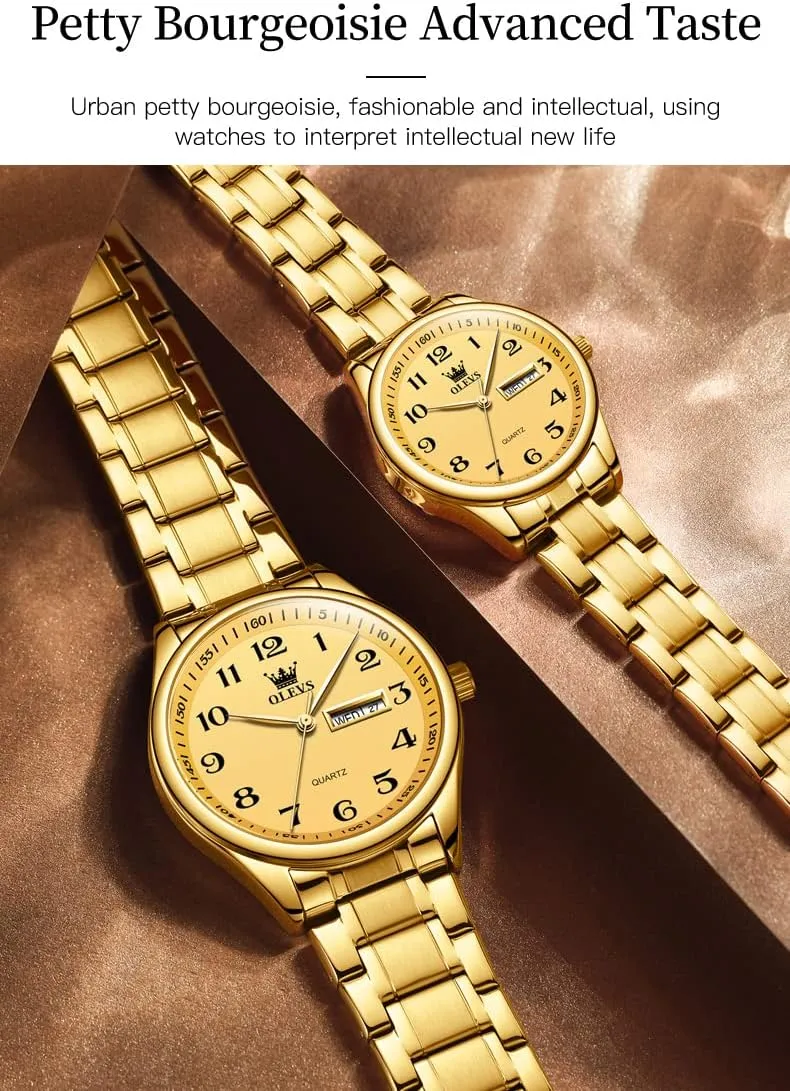 Date Window 3ATM Waterproof, Casual Stainless Steel His secure depress reign and Hers Wristwatch for Men Women Lovers Wedding Romantic Gifts Set of 2 OLEVS Valentines Couple Pair Quartz Watches Luminous Calendar 