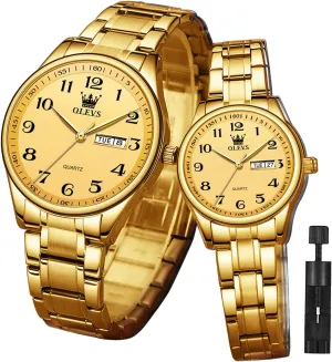 Date Window 3ATM Waterproof, Casual Stainless Steel His secure depress reign and Hers Wristwatch for Men Women Lovers Wedding Romantic Gifts Set of 2 OLEVS Valentines Couple Pair Quartz Watches Luminous Calendar 