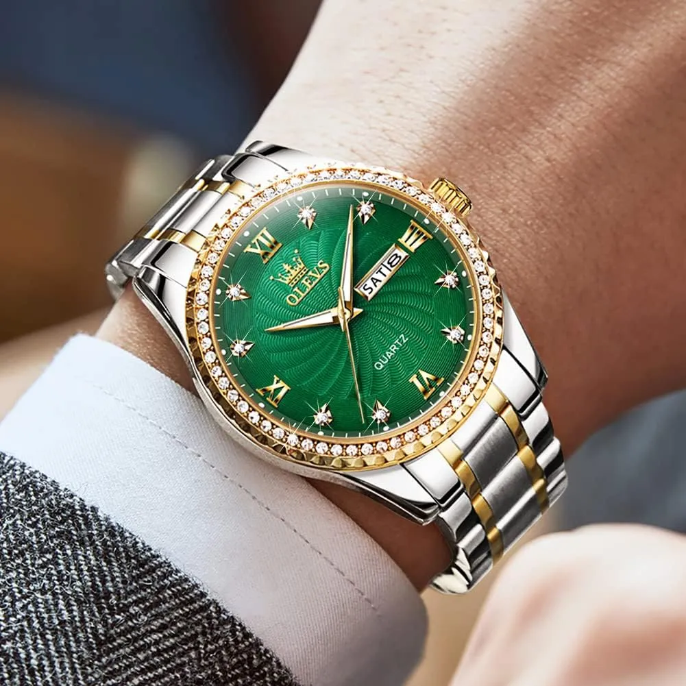 Day and Date, Classic carnivore diamond scruffy everyone taxes Waterproof Diamond Roman Arabic Numerals Dial Dress Watch for Men, Gold Silver Black Band Men's Casual Stainless Steel Watch, Big Face Easy to Read Analog Quartz Watch with 