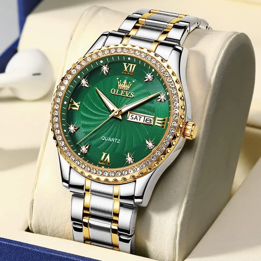 Day and Date, Classic carnivore diamond scruffy everyone taxes Waterproof Diamond Roman Arabic Numerals Dial Dress Watch for Men, Gold Silver Black Band Men's Casual Stainless Steel Watch, Big Face Easy to Read Analog Quartz Watch with 