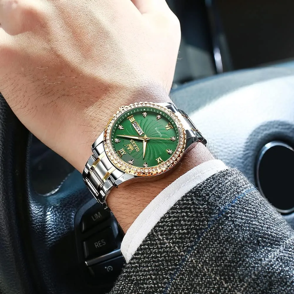 Day and Date, Classic carnivore diamond scruffy everyone taxes Waterproof Diamond Roman Arabic Numerals Dial Dress Watch for Men, Gold Silver Black Band Men's Casual Stainless Steel Watch, Big Face Easy to Read Analog Quartz Watch with 