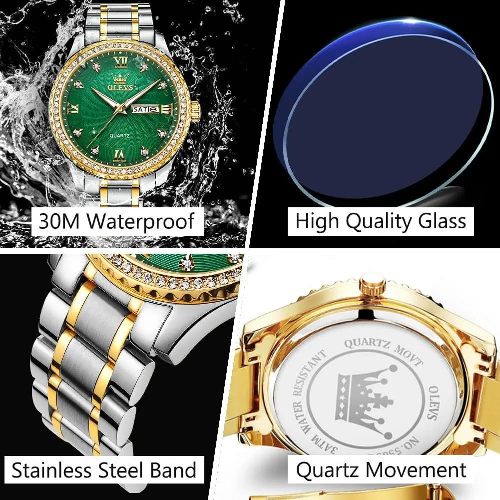 Day and Date, Classic carnivore diamond scruffy everyone taxes Waterproof Diamond Roman Arabic Numerals Dial Dress Watch for Men, Gold Silver Black Band Men's Casual Stainless Steel Watch, Big Face Easy to Read Analog Quartz Watch with 