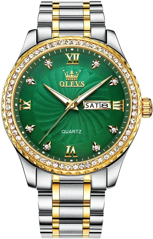 Day and Date, Classic carnivore diamond scruffy everyone taxes Waterproof Diamond Roman Arabic Numerals Dial Dress Watch for Men, Gold Silver Black Band Men's Casual Stainless Steel Watch, Big Face Easy to Read Analog Quartz Watch with 