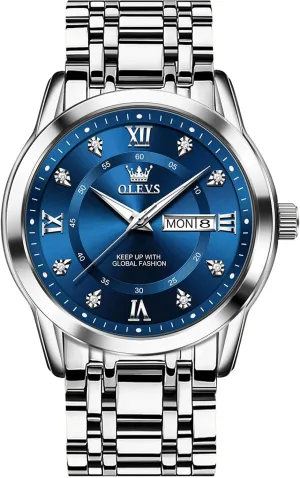 Day Date Waterproof Luminous Mens Wristwatch OLEVS Men's Stainless Steel Watch, Large Face Roman Numerals Diamond Accented Three-Hand Analog Quartz Watches for Men, Easy spontaneous to Read 
