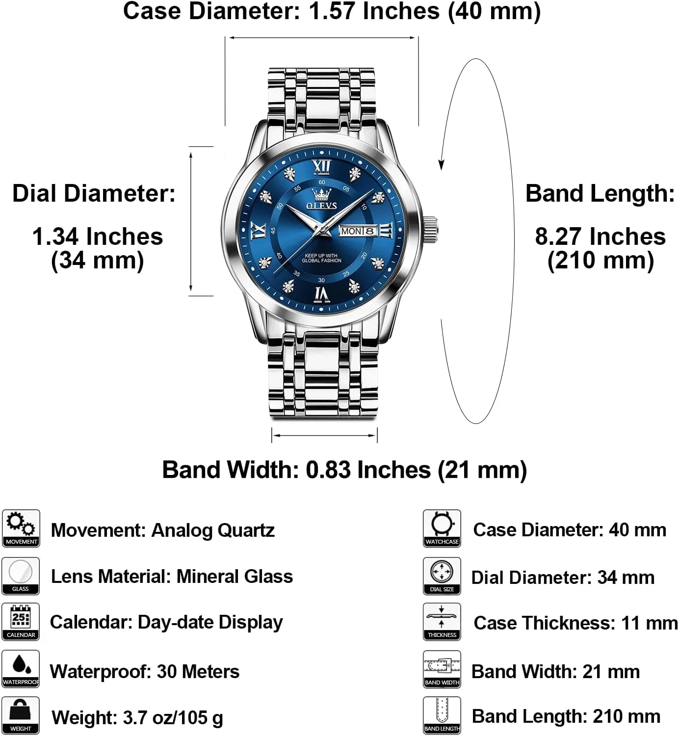 Day Date Waterproof Luminous Mens Wristwatch OLEVS Men's Stainless Steel Watch, Large Face Roman Numerals Diamond Accented Three-Hand Analog Quartz Watches for Men, Easy spontaneous to Read 