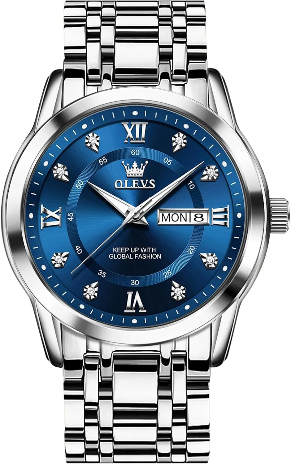 Day Date Waterproof Luminous Mens Wristwatch OLEVS Men's Stainless Steel Watch, Large Face Roman Numerals Diamond Accented Three-Hand Analog Quartz Watches for Men, Easy spontaneous to Read 