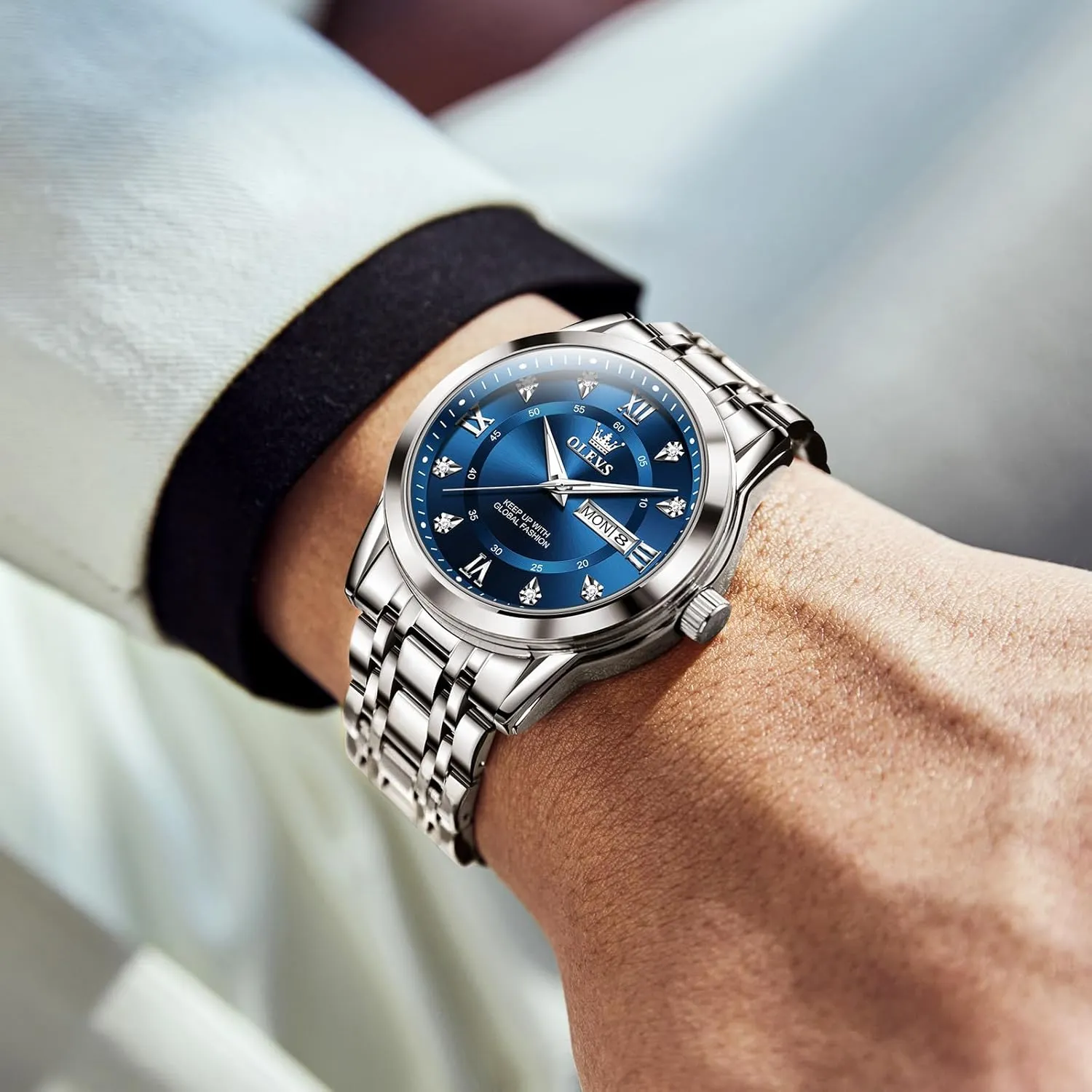 Day Date Waterproof Luminous Mens Wristwatch OLEVS Men's Stainless Steel Watch, Large Face Roman Numerals Diamond Accented Three-Hand Analog Quartz Watches for Men, Easy spontaneous to Read 