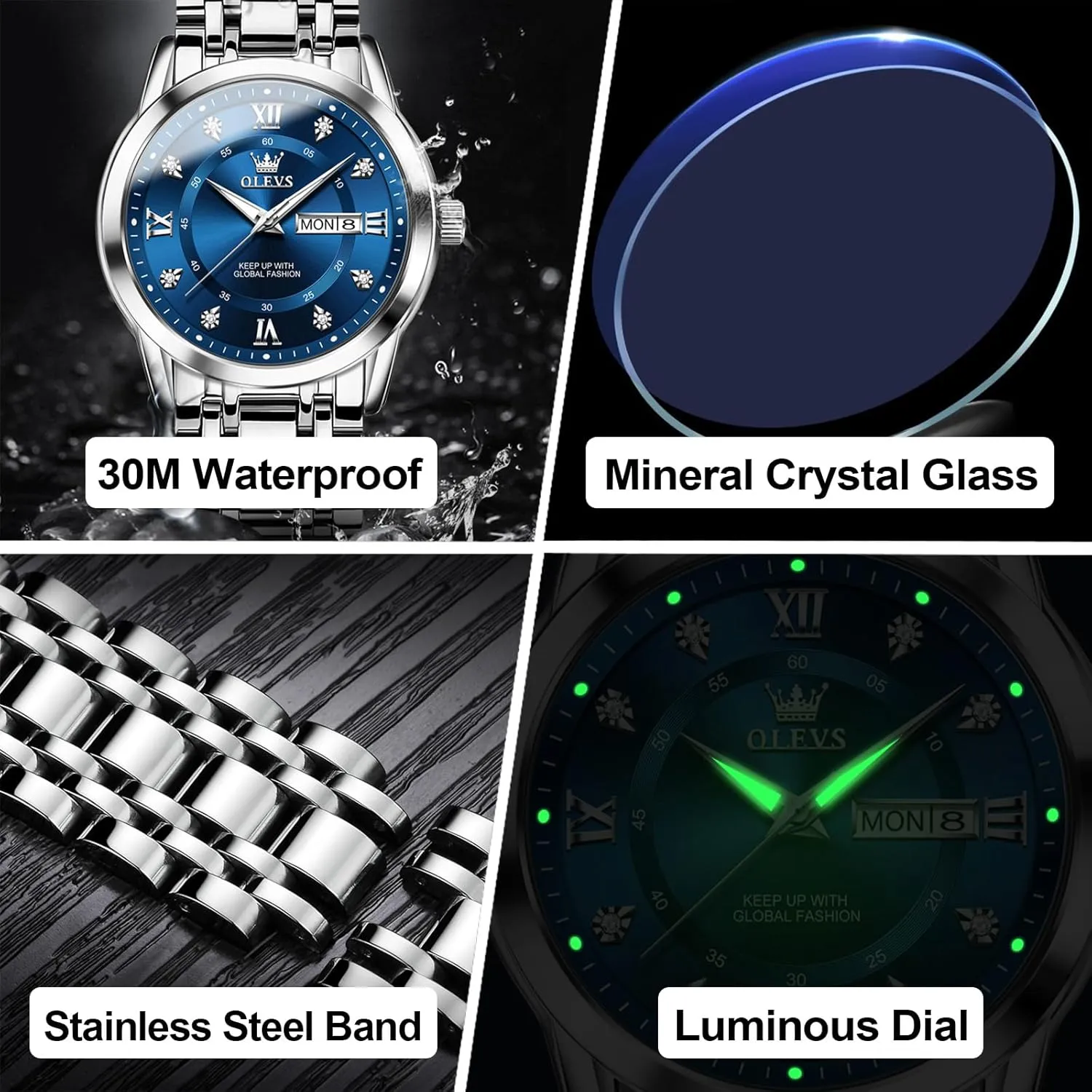 Day Date Waterproof Luminous Mens Wristwatch OLEVS Men's Stainless Steel Watch, Large Face Roman Numerals Diamond Accented Three-Hand Analog Quartz Watches for Men, Easy spontaneous to Read 