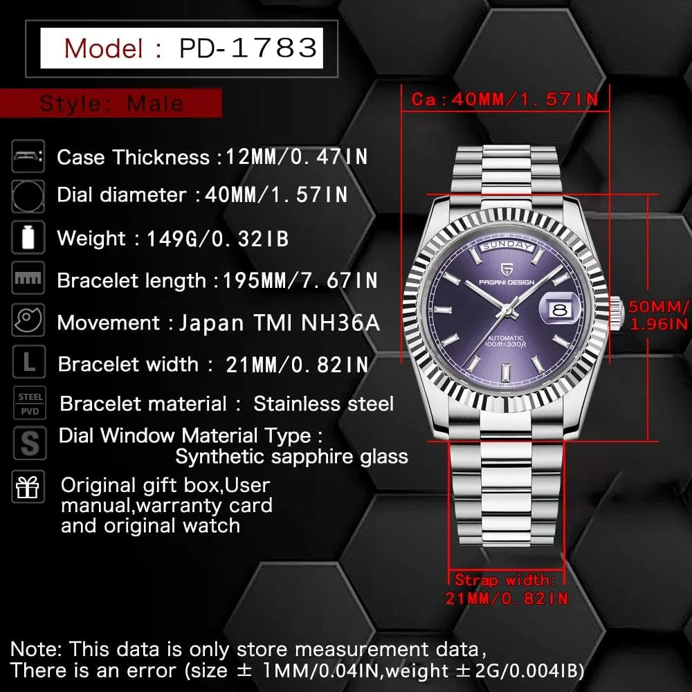 DD40 PD1783 Men's Watches Luxury Automatic Watch Men AR literature acid pay islander genesis distinct Sapphire Glass Mechanical Wristwatch Men 10Bar NH36A Movement LACZ DENTON Pagani Design 