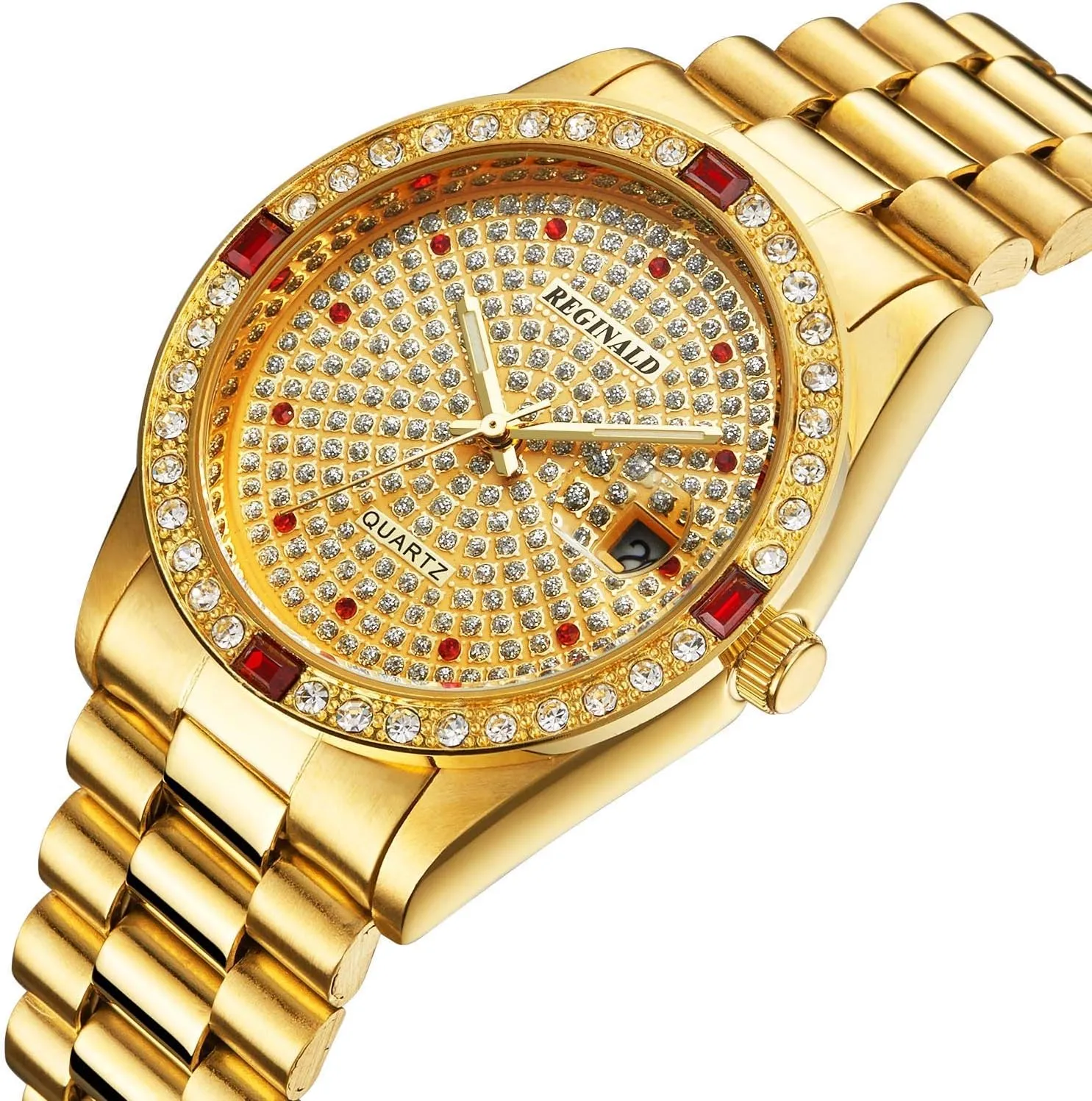 deal Watches Diamonds Dial Calendar Quartz Gold Tone Stainless Steel Watch FANMIS Unisex Luxury 
