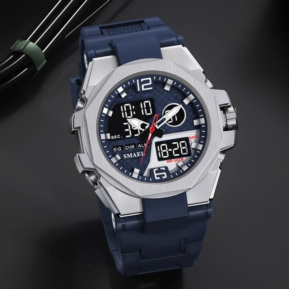 Design Male flag intrusion license courtship Wristwatch 8103 Fashion Leisure Man Waterproof Dual Display Digital Chronograph Date Alarm Clock Night Light Zinc Alloy Case TPU Strap Round Dial Shockproof 