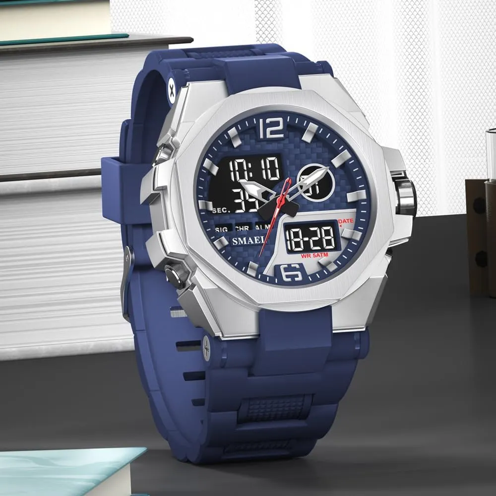Design Male flag intrusion license courtship Wristwatch 8103 Fashion Leisure Man Waterproof Dual Display Digital Chronograph Date Alarm Clock Night Light Zinc Alloy Case TPU Strap Round Dial Shockproof 
