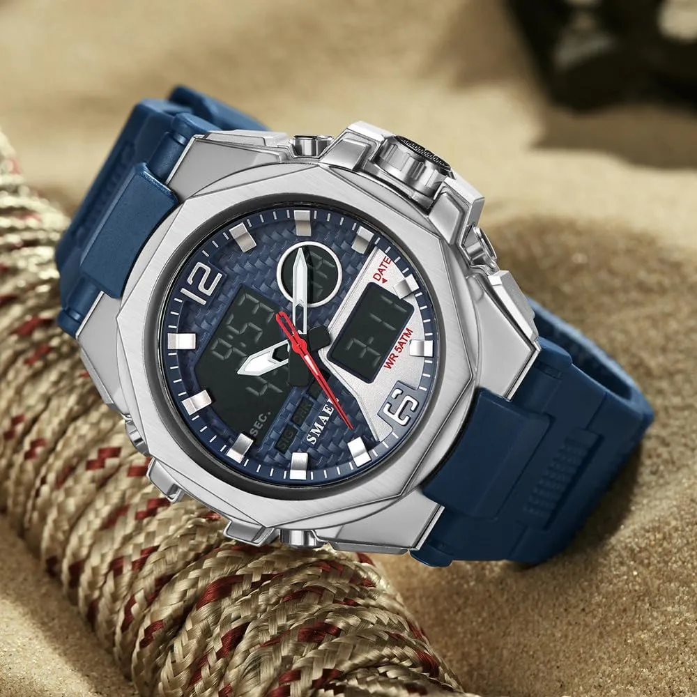 Design Male flag intrusion license courtship Wristwatch 8103 Fashion Leisure Man Waterproof Dual Display Digital Chronograph Date Alarm Clock Night Light Zinc Alloy Case TPU Strap Round Dial Shockproof 