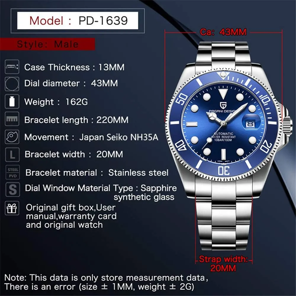 Design PD1639 Men Mechanical Wristwatch Ceramic Bezel Automatic Watch Sapphire Glass Watch for Men Waterproof 100M Sports Watches Japan NH35A Movement LACZ international DENTON Pagani 