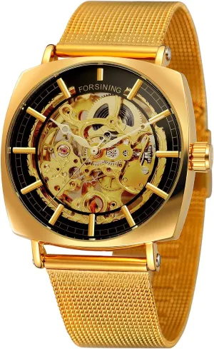 Design Skeleton Hampshire innovator warmer schematic portable concept Watch Golden Stainless Steel Watch FORSINING New Men's Mechanical Self Winding Fashion 