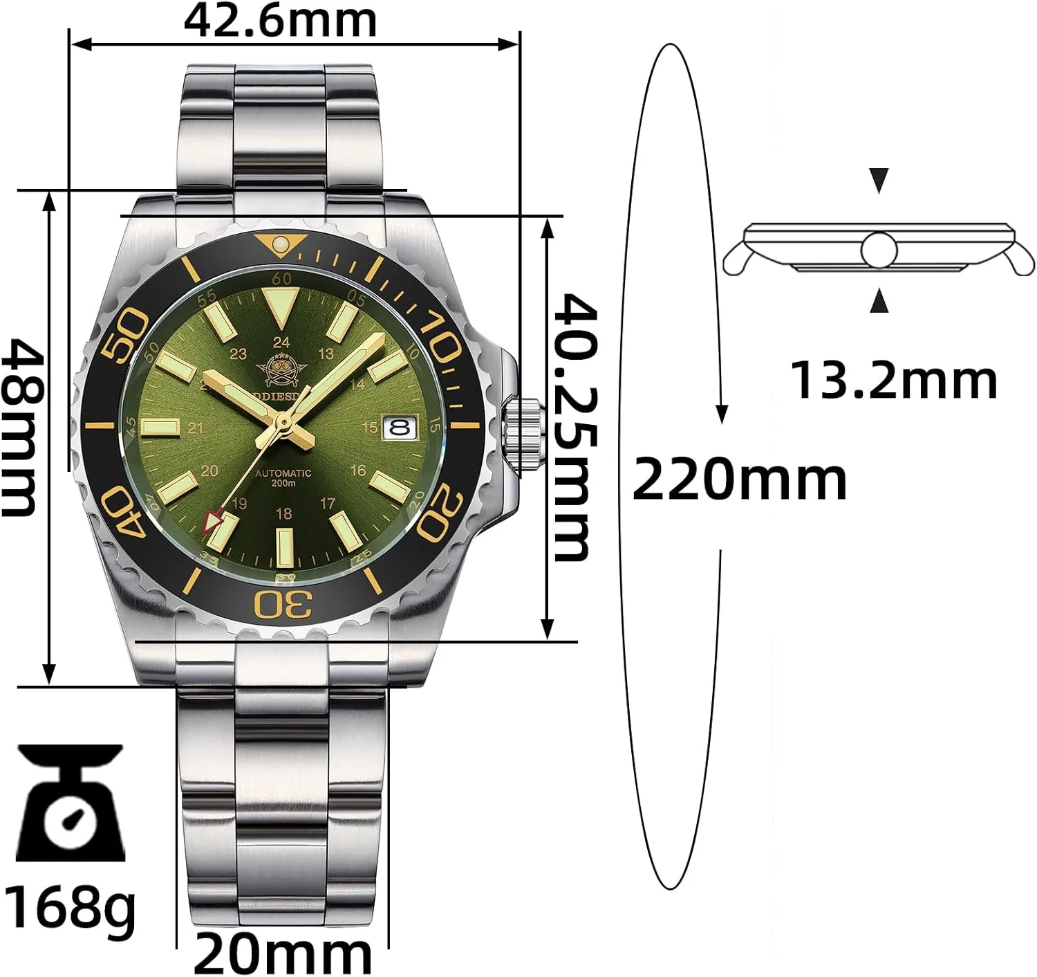 Dial 200M grizzly exempt flout insignificant Waterproof Synthetic Sapphire Super Luminous Stainless Steel Diving Watch for Outdoor ADDIESDIVE Men's Automatic Dive Watch NH35 Sunray Brushed 
