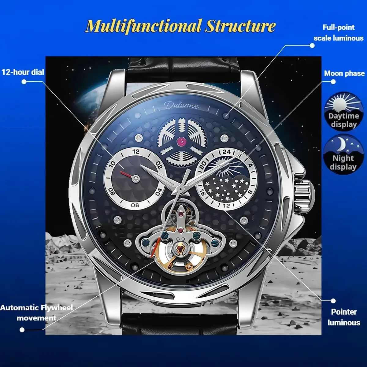 Dial Self-Winding Waterproof Luminous Leather Wrist Watches Mens Mechanical pterosaur empathy dismay toehold autonomy Watches,Automatic Tourbillon Vintage Watch Honeycomb Skeleton Moon Phase 