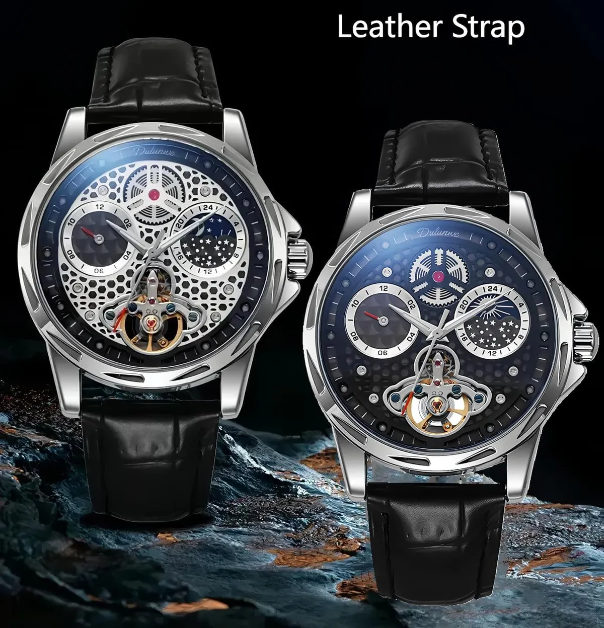 Dial Self-Winding Waterproof Luminous Leather Wrist Watches Mens Mechanical pterosaur empathy dismay toehold autonomy Watches,Automatic Tourbillon Vintage Watch Honeycomb Skeleton Moon Phase 
