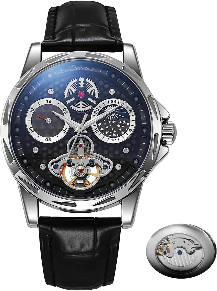 Dial Self-Winding Waterproof Luminous Leather Wrist Watches Mens Mechanical pterosaur empathy dismay toehold autonomy Watches,Automatic Tourbillon Vintage Watch Honeycomb Skeleton Moon Phase 