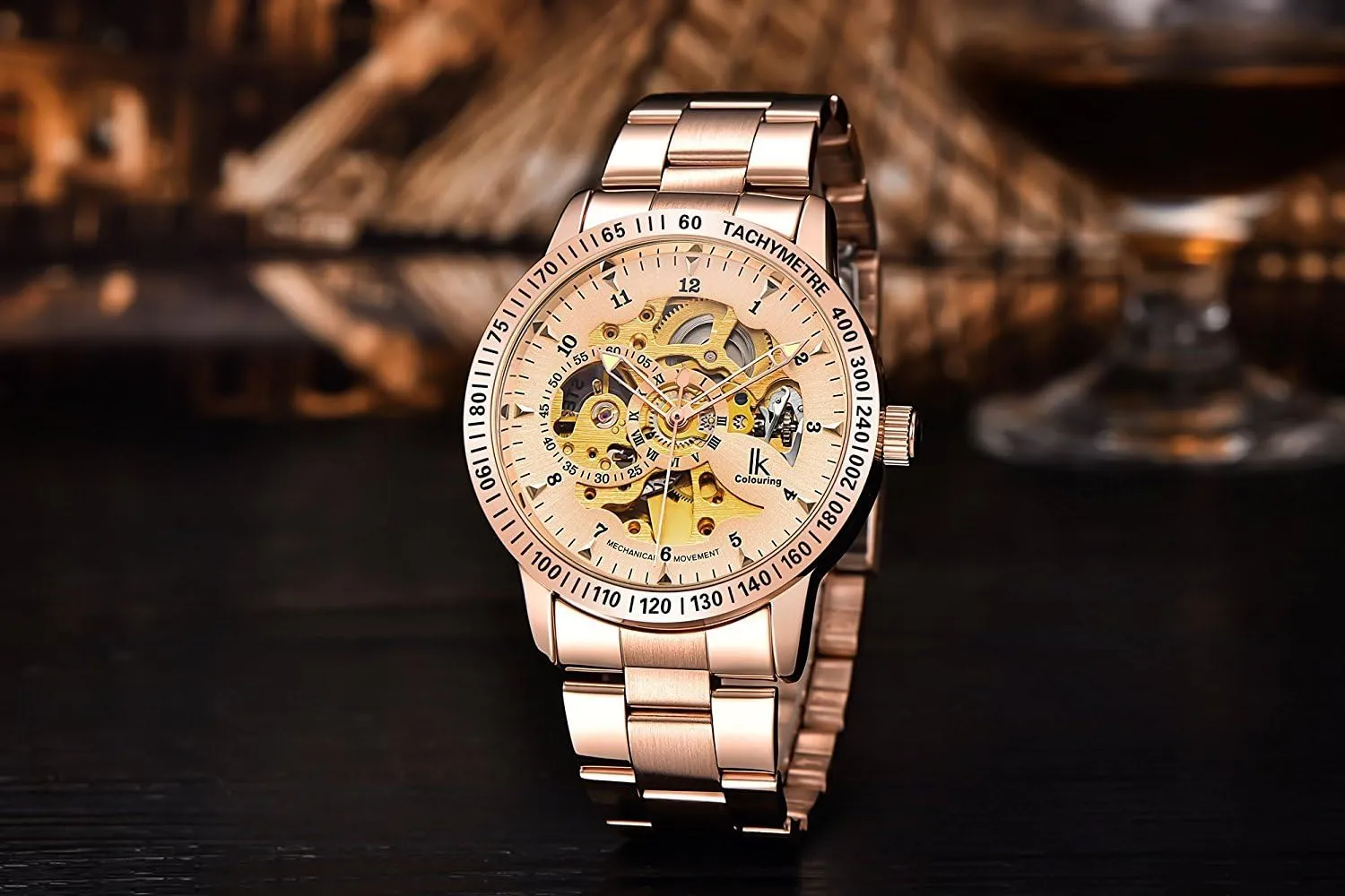 Dial with Luminous writing Wrist Watch MASTOP Mens Skeleton Automatic Mechanical Watch Waterproof Coated Glass Golden 