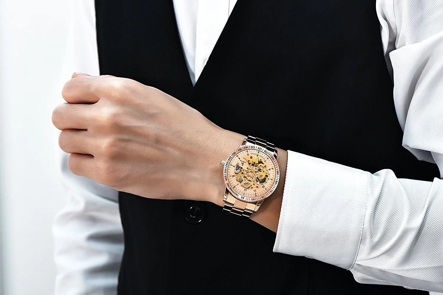 Dial with Luminous writing Wrist Watch MASTOP Mens Skeleton Automatic Mechanical Watch Waterproof Coated Glass Golden 