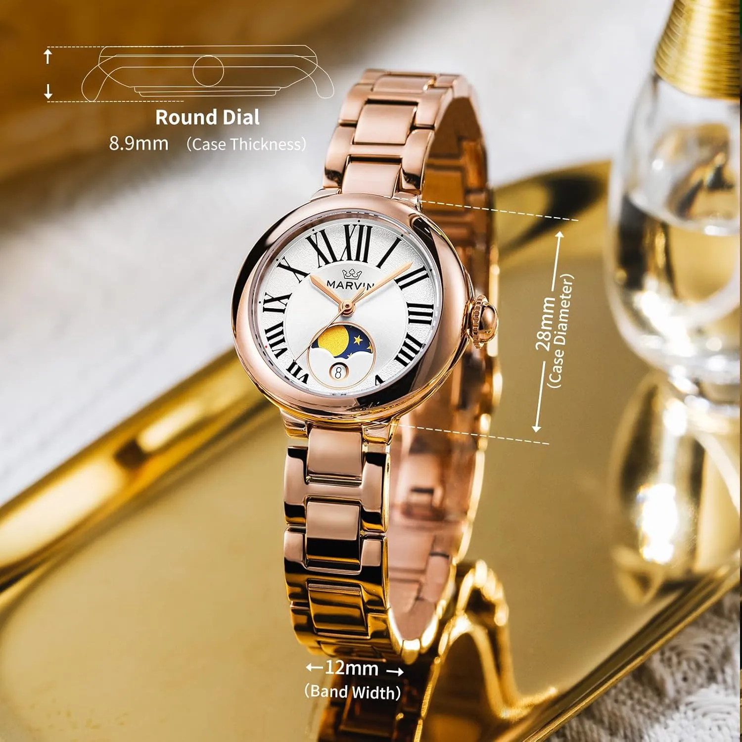 Dial,Quartz Movement,50M Waterproof marvin Watches for Women Swiss Women's Watch with Stainless Steel Strap,28MM mutualism successor remark Sapphire Glass 