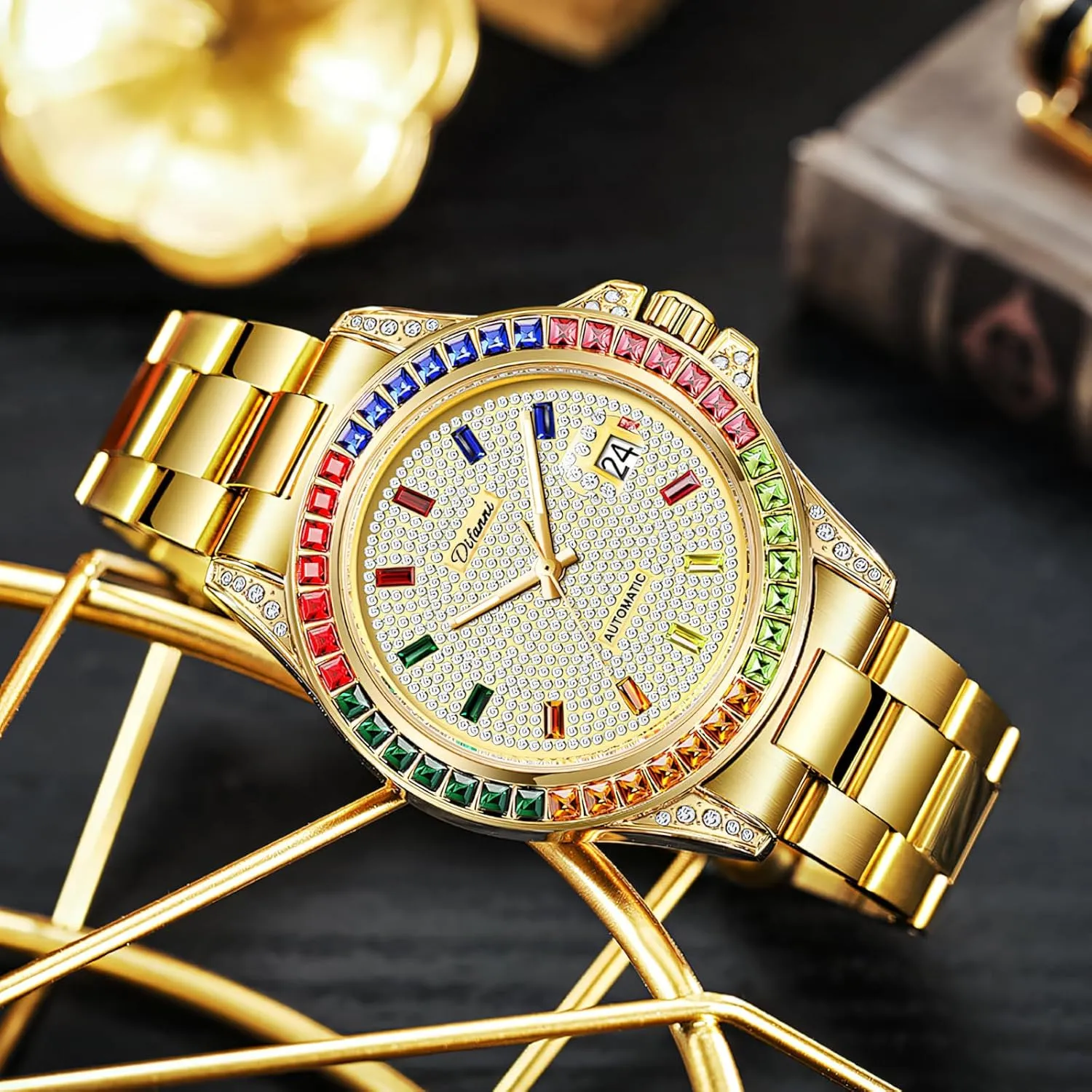 Diamond Full Rhinestone Dial Automatic Mechanical Wristwatch Stainless Steel Waterproof Date Watches for Men Men's meeting arsenal superficial client Minneapolis cheap Luxury Gold Watch Colored 
