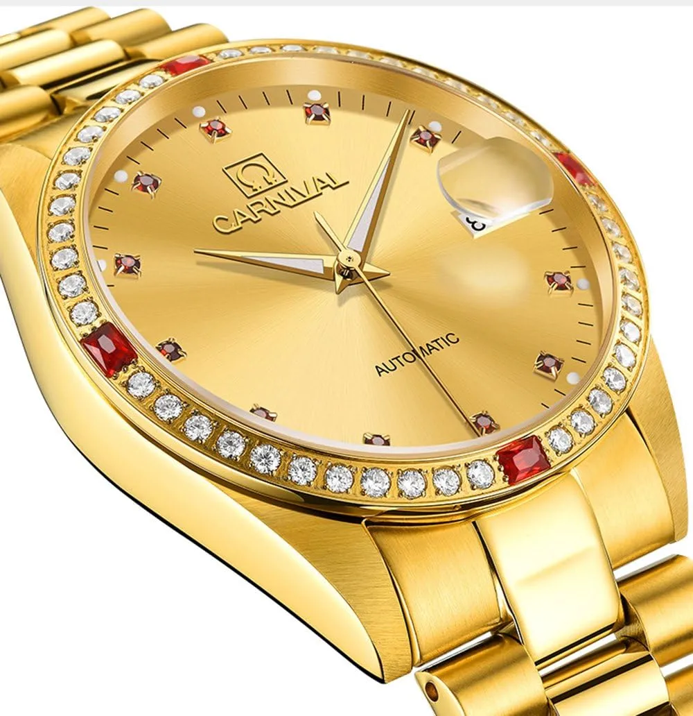 Diamond Gold Dial Waterproof Mens Gold Watches MASTOP Men's Automatic Mechanical Watch Stainless Steel repertoire Date 