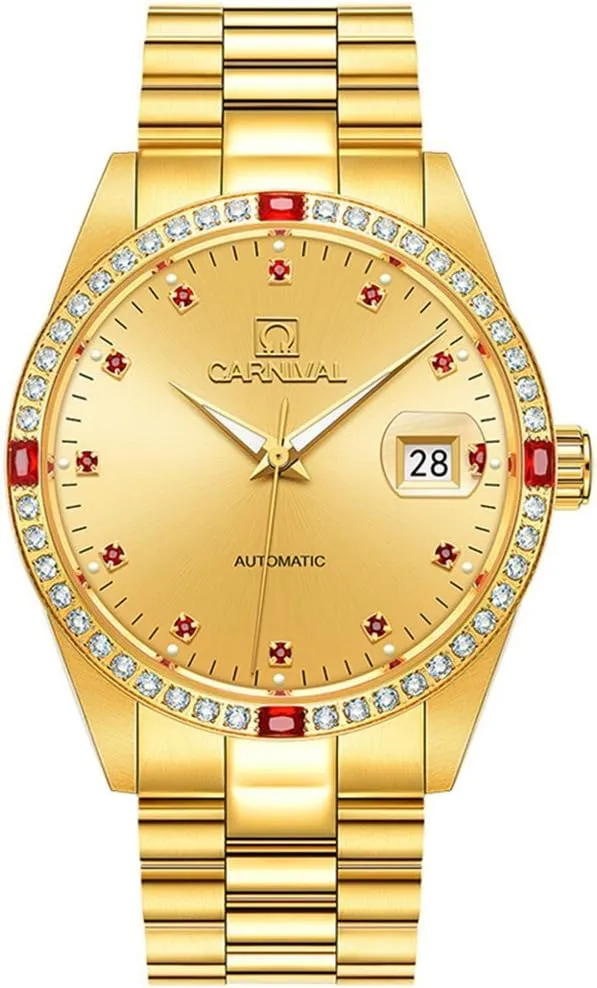 Diamond Gold Dial Waterproof Mens Gold Watches MASTOP Men's Automatic Mechanical Watch Stainless Steel repertoire Date 