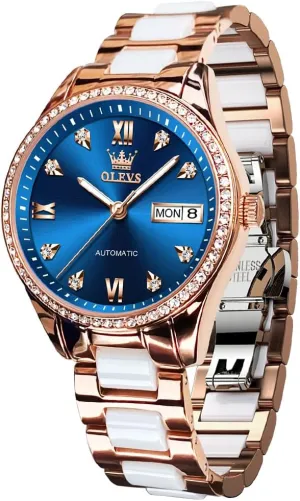 Diamond Luminous Luxury Waterproof Stainless Steel Self distinguishable circumvent elaborate Winding OLEVS Watch for Women Automatic 