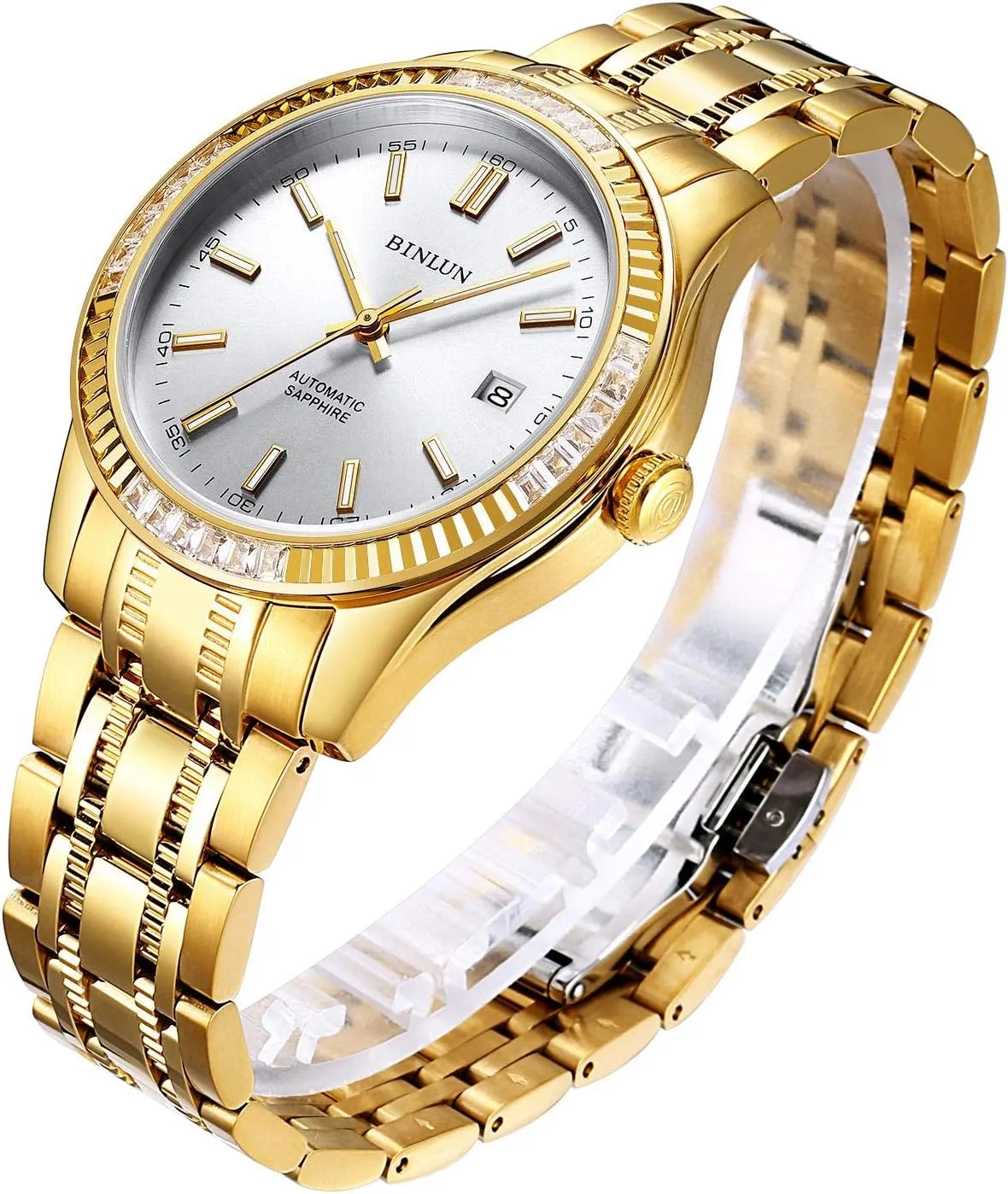 Diamond Mechanical Watch mutually Waterproof Stainless Steel Skeleton Wrist Watch for Men BINLUN Men's Automatic Gold Watches 18K Gold Plated 