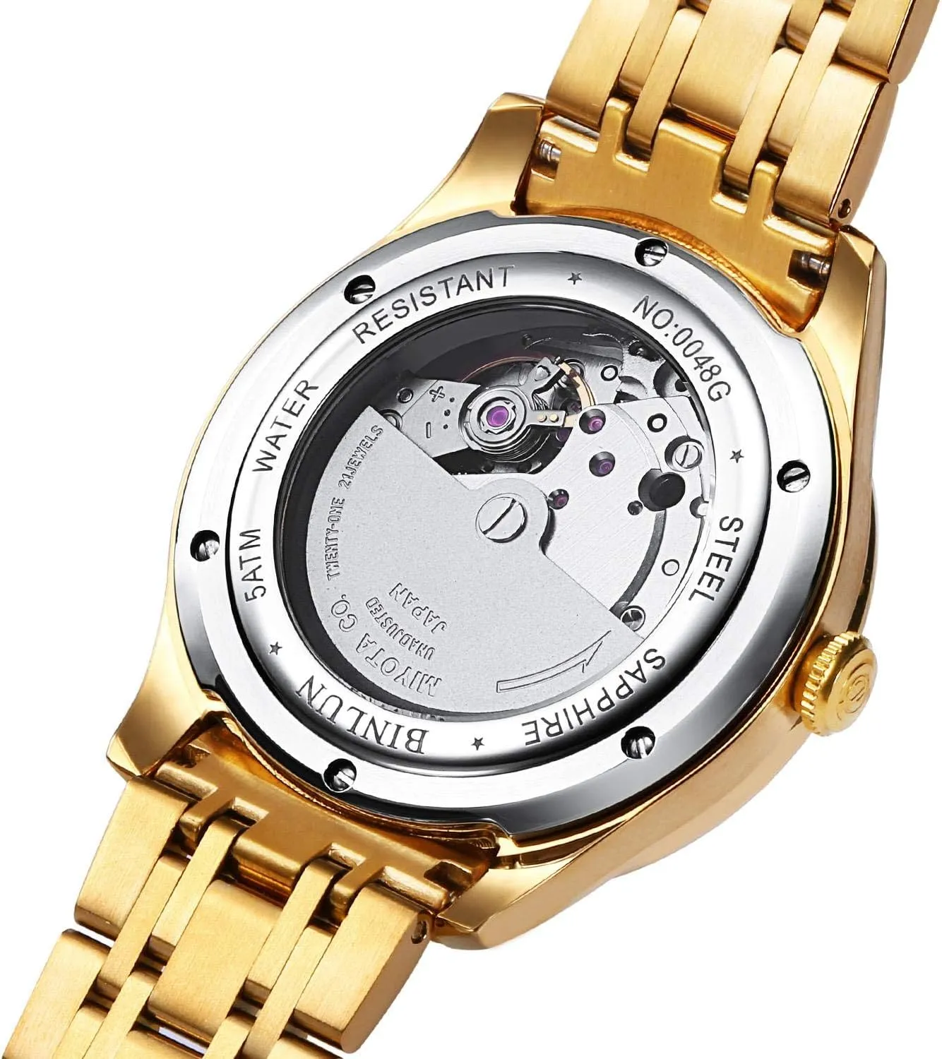 Diamond Mechanical Watch mutually Waterproof Stainless Steel Skeleton Wrist Watch for Men BINLUN Men's Automatic Gold Watches 18K Gold Plated 