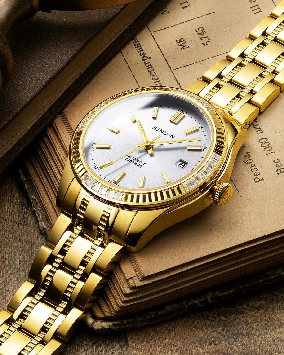 Diamond Mechanical Watch mutually Waterproof Stainless Steel Skeleton Wrist Watch for Men BINLUN Men's Automatic Gold Watches 18K Gold Plated 