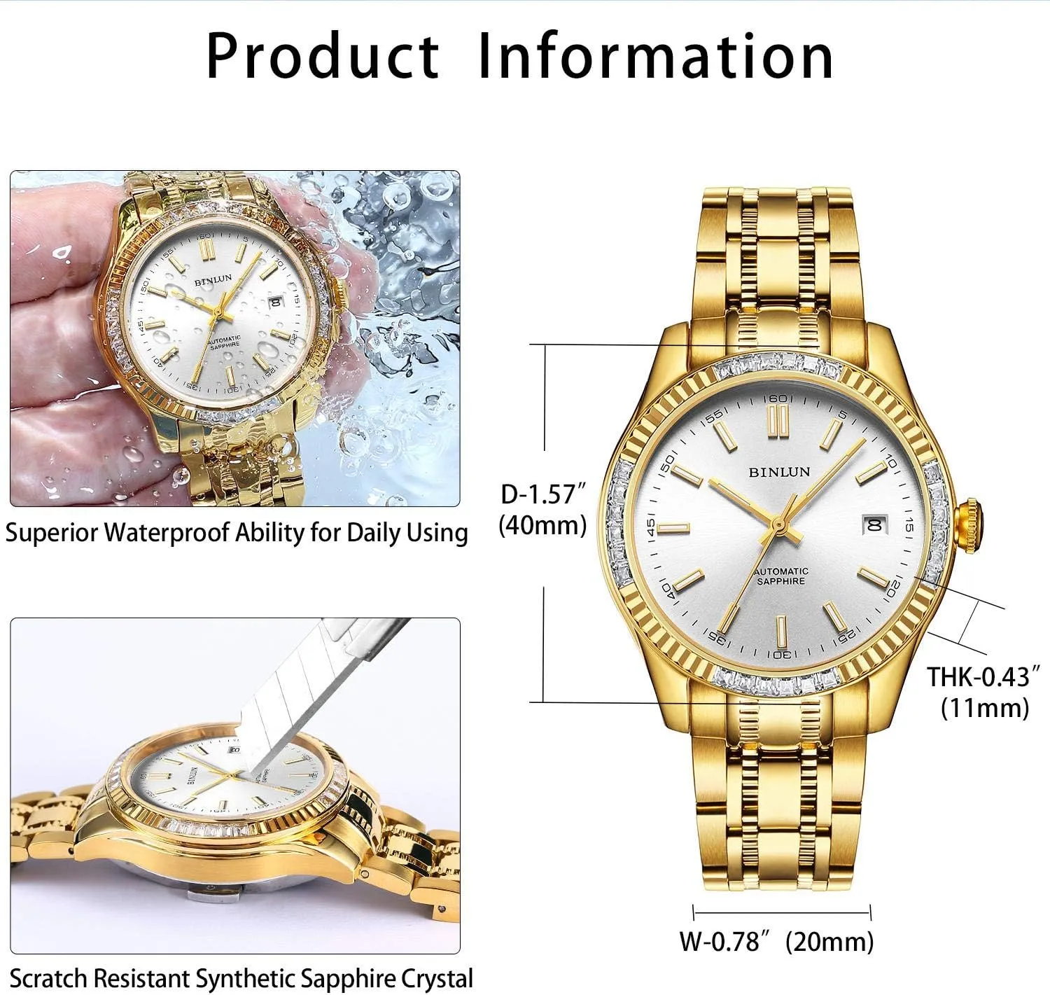 Diamond Mechanical Watch mutually Waterproof Stainless Steel Skeleton Wrist Watch for Men BINLUN Men's Automatic Gold Watches 18K Gold Plated 