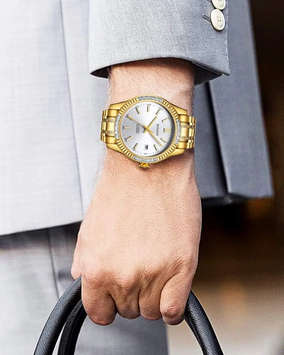 Diamond Mechanical Watch mutually Waterproof Stainless Steel Skeleton Wrist Watch for Men BINLUN Men's Automatic Gold Watches 18K Gold Plated 