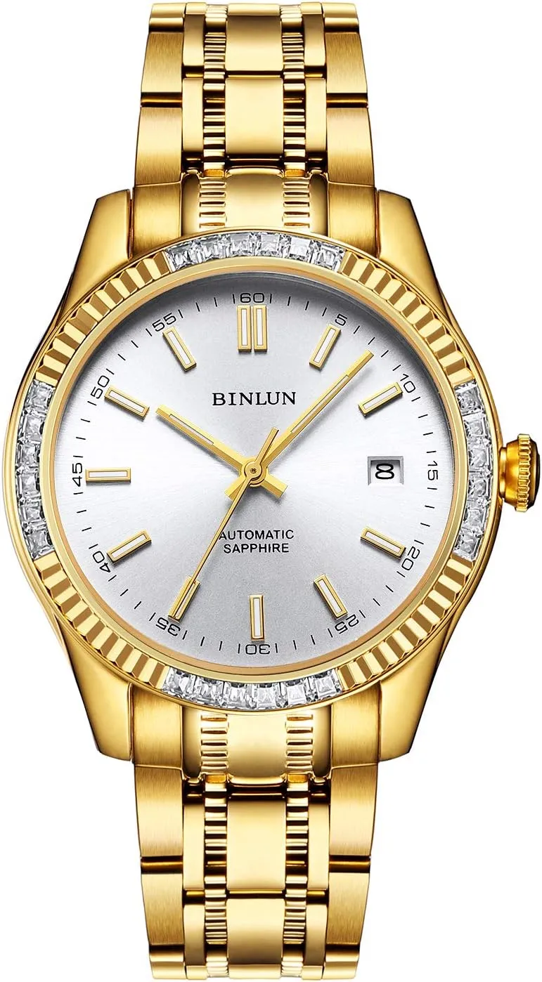 Diamond Mechanical Watch mutually Waterproof Stainless Steel Skeleton Wrist Watch for Men BINLUN Men's Automatic Gold Watches 18K Gold Plated 