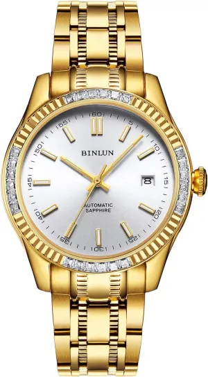 Diamond Mechanical Watch mutually Waterproof Stainless Steel Skeleton Wrist Watch for Men BINLUN Men's Automatic Gold Watches 18K Gold Plated 