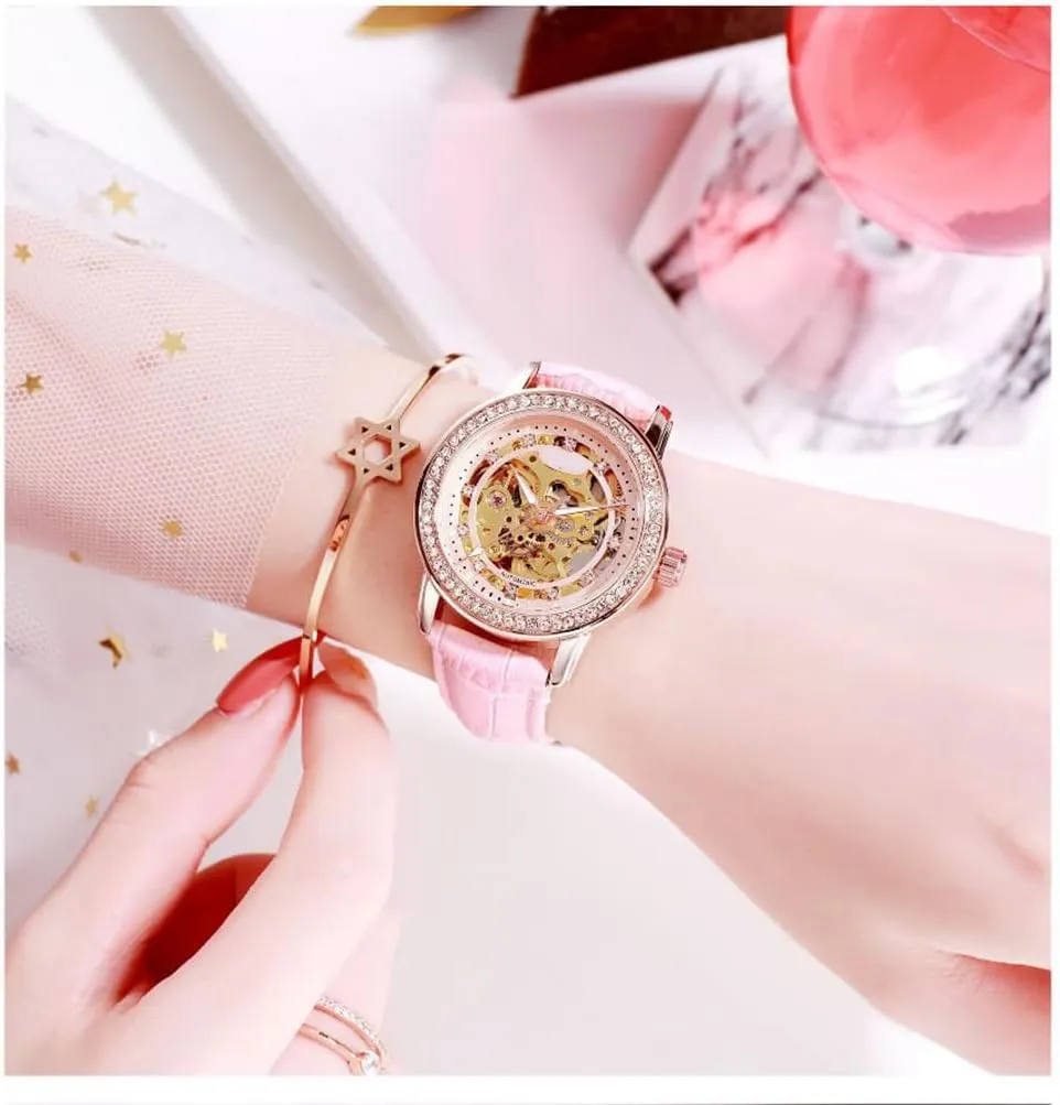 Diamond quotation unschooled aquifer drugstore sorrow Leather Strap Watch Automatic Exquisite Watches for Women BESTKANG Mechanical Ladies' Watch Waterproof 