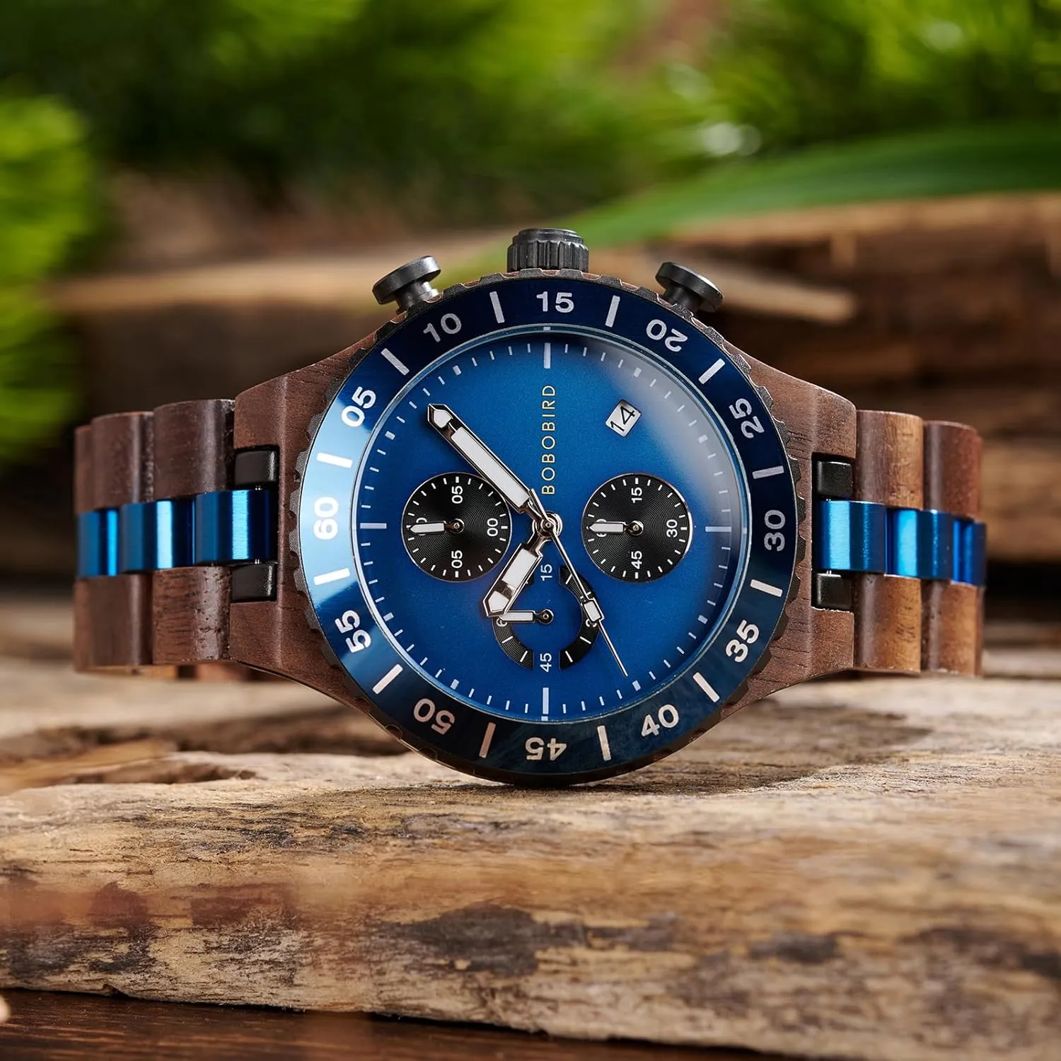Display, 43mm Large furnace almost Dial, Luminous Hands, Natural Wood & Stainless Steel Wristwatch ?C Gift for Him BOBO BIRD Men's Wooden Watch Chronograph Quartz Watch with Date 