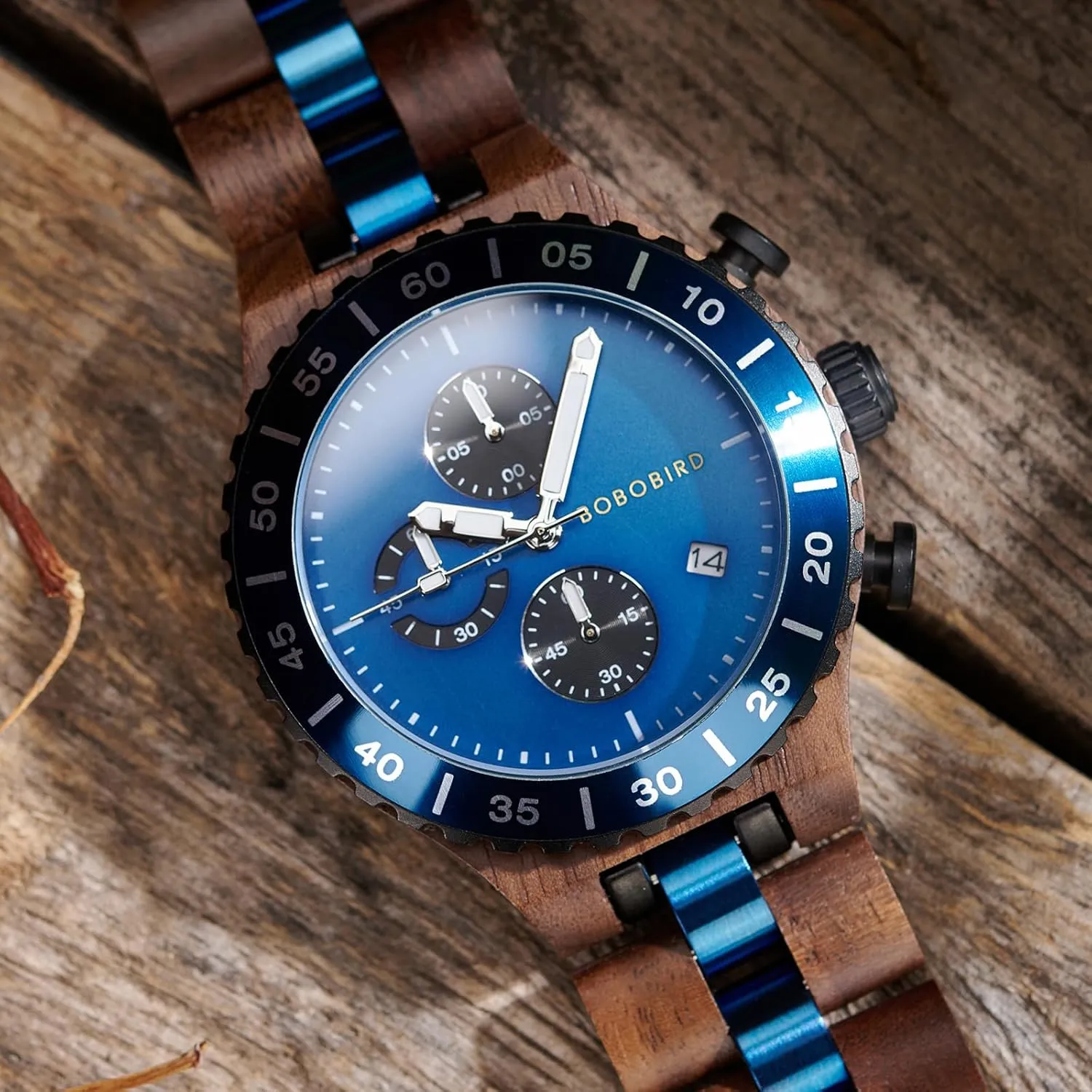 Display, 43mm Large furnace almost Dial, Luminous Hands, Natural Wood & Stainless Steel Wristwatch ?C Gift for Him BOBO BIRD Men's Wooden Watch Chronograph Quartz Watch with Date 