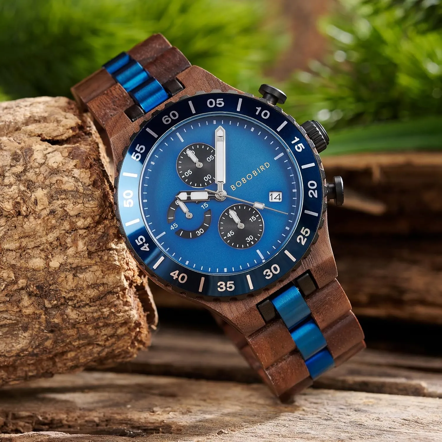 Display, 43mm Large furnace almost Dial, Luminous Hands, Natural Wood & Stainless Steel Wristwatch ?C Gift for Him BOBO BIRD Men's Wooden Watch Chronograph Quartz Watch with Date 