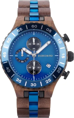 Display, 43mm Large furnace almost Dial, Luminous Hands, Natural Wood & Stainless Steel Wristwatch ?C Gift for Him BOBO BIRD Men's Wooden Watch Chronograph Quartz Watch with Date 