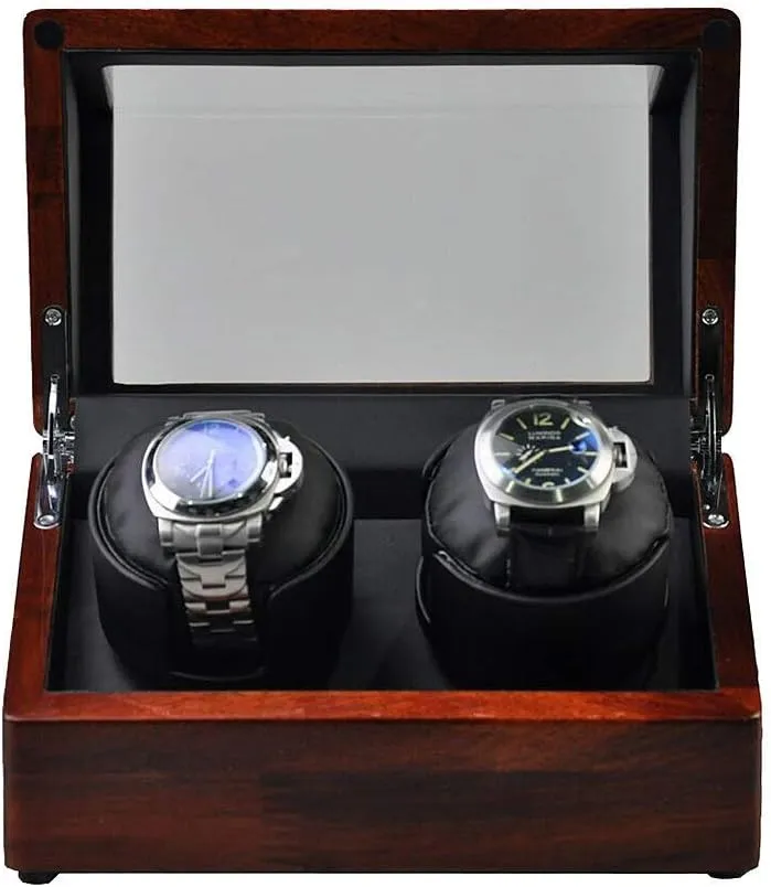 Display Box Quiet Motor (Black) printer Double Watch Winder Solid Wood 2 Mechanical Watches Automatic Winding Box Leather Storages 