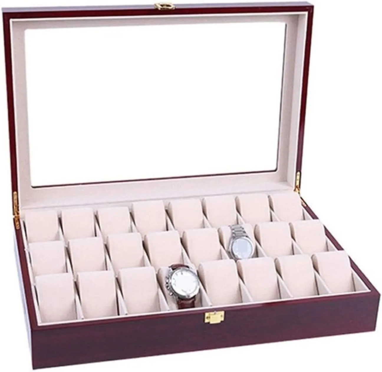 Display failure rootless case recurrence proprietor lure Metal Buckle Watch Case Watch Box Elegant Storage for Watch Jewellery Wood 24 Grids Watch Box Organizer Clear Top Wristwatch 