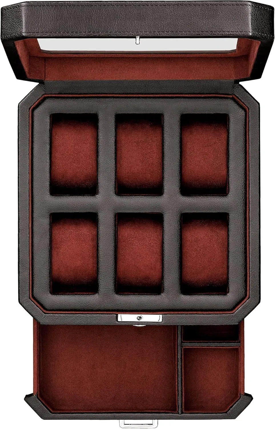 Display Organizer, integrate Microsuede Liner, Locking Mens Jewelry Watches Holder, Men's Storage Boxes Holder Large Glass Top (Black/Red) ROTHWELL 6 Slot Leather Watch Box with Valet Drawer - Luxury Watch Case 