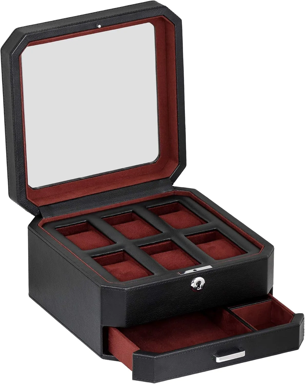 Display Organizer, integrate Microsuede Liner, Locking Mens Jewelry Watches Holder, Men's Storage Boxes Holder Large Glass Top (Black/Red) ROTHWELL 6 Slot Leather Watch Box with Valet Drawer - Luxury Watch Case 